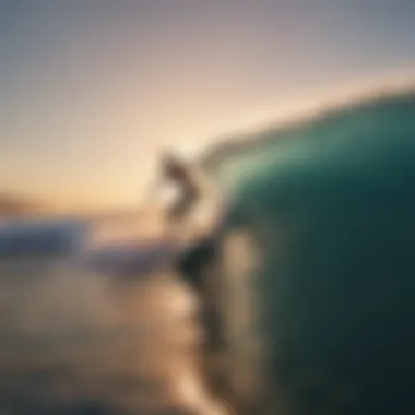 The Thrill of Surfing A surfer riding a powerful wave at sunset