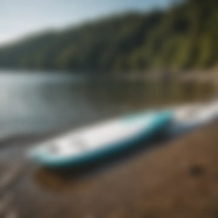 A sleek wakesurf board resting on a tranquil lake shore