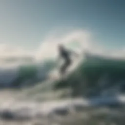 Surfboard catching waves in windy conditions