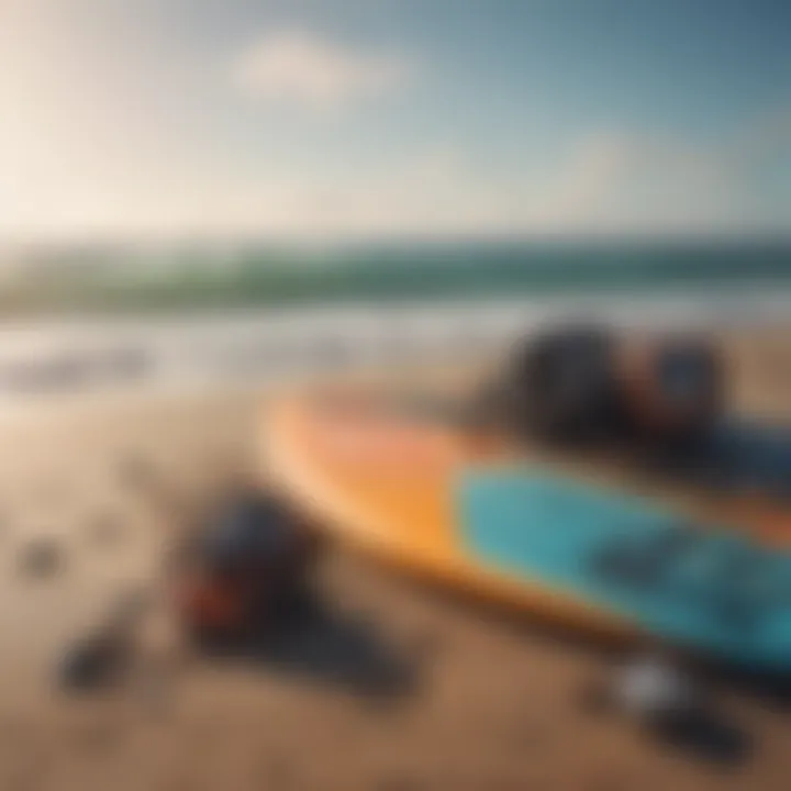 Essential kite surfing gear laid out on the beach