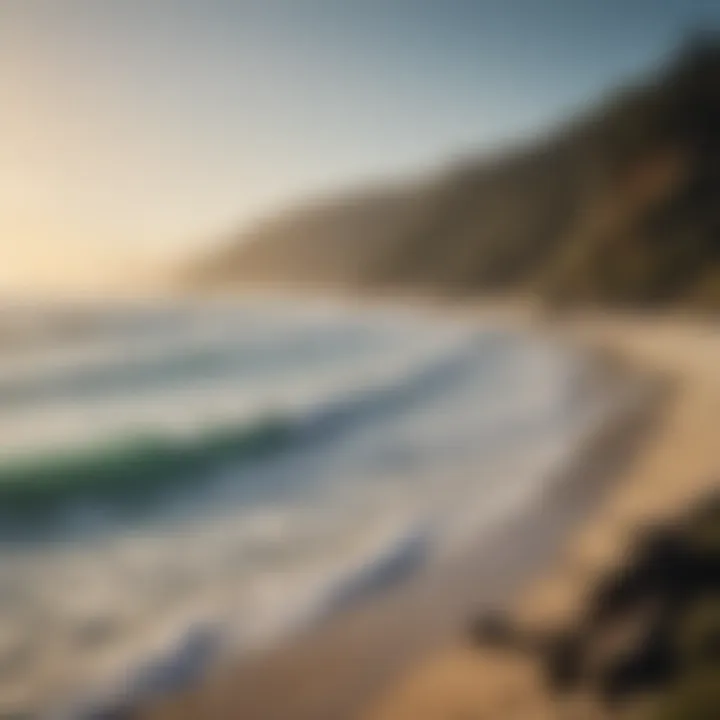 A serene view of surfers and anglers enjoying the beach