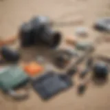 Essential surf fishing gear laid out on the beach