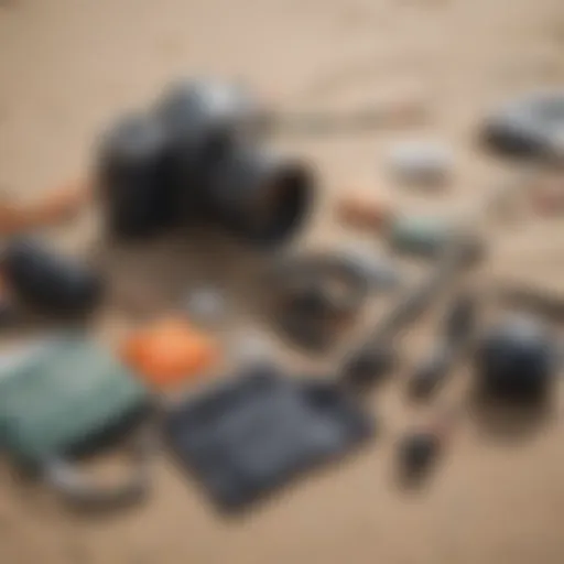 Essential surf fishing gear laid out on the beach