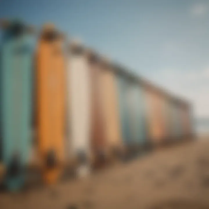 A selection of longboards lined up on the beach