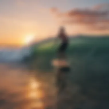 A serene surfing environment with waves and sunset