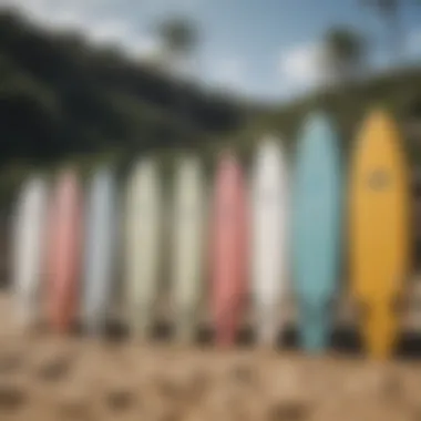 Surfboards neatly arranged on the Carver rack with beach backdrop