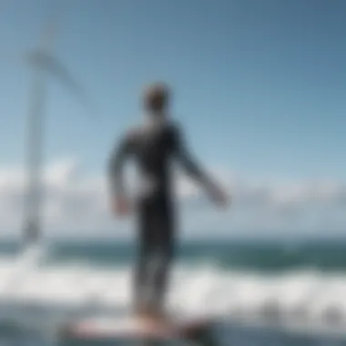 A surfer evaluating wind conditions using an anemometer