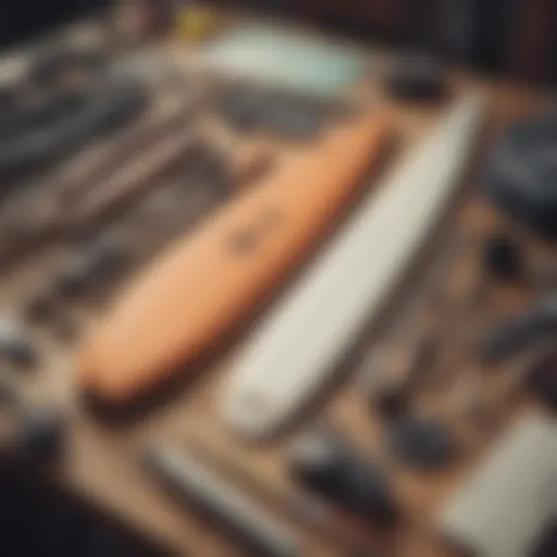 An array of surfboard repair tools and materials laid out on a table