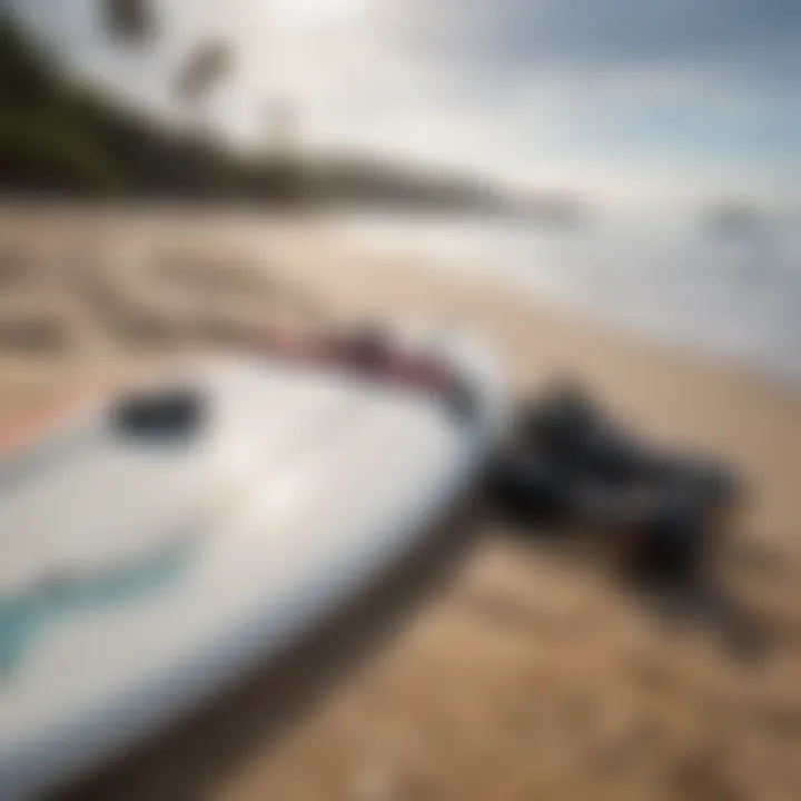 Close-up of surfboard and gear on the sand