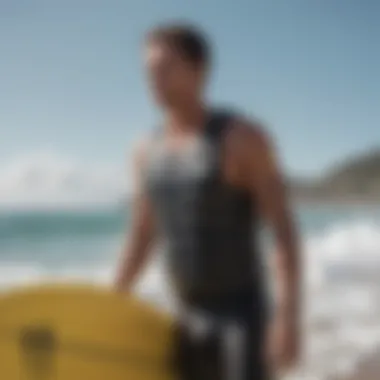 A serene beach scene demonstrating the cultural significance of flotation vests in the surfing community.