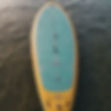 Close-up of paddle board dimensions with measurements