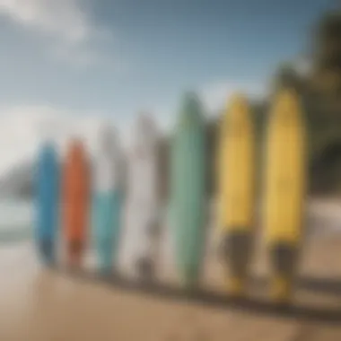 Variety of paddle boards displayed on a beach