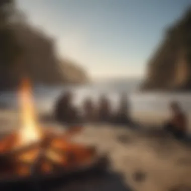 A group of surfers sharing stories around a campfire at the beach, emphasizing community and shared experiences.