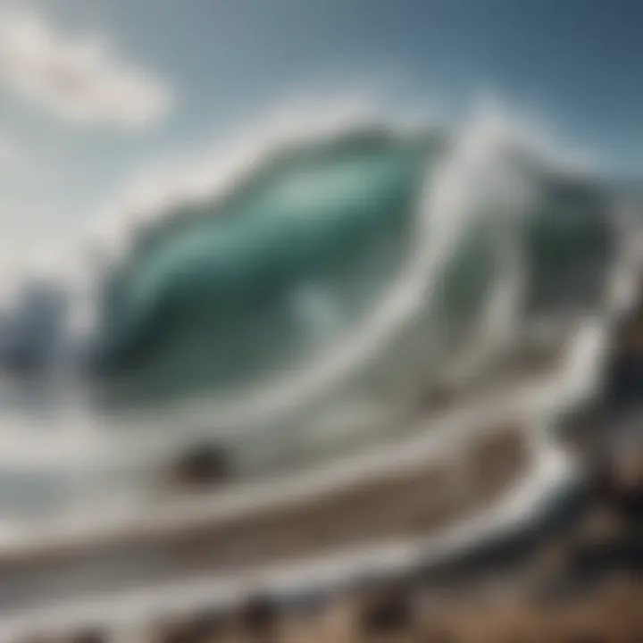 A close-up of ocean waves crashing against a rocky coastline, illustrating the dynamic beauty of surfing.