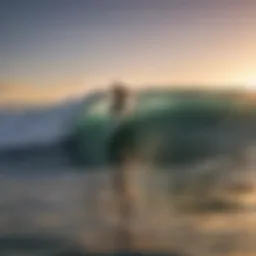 A solitary surfer gliding on a wave at sunset, symbolizing freedom and connection with nature.