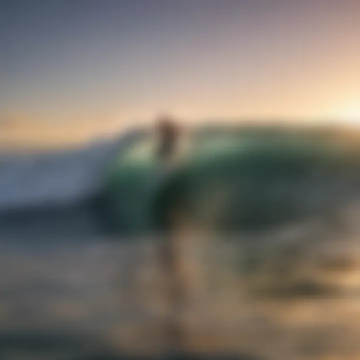 A solitary surfer gliding on a wave at sunset, symbolizing freedom and connection with nature.