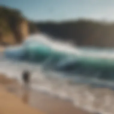 A serene beach setting with a drone flying over waves