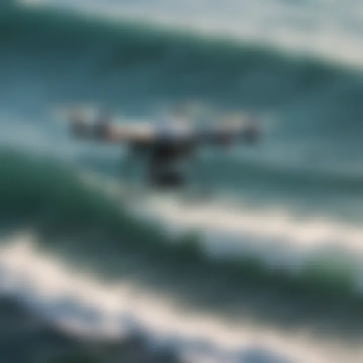 A drone hovering above the ocean, ready for surf fishing