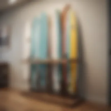 Artistic arrangement of surfboards on a wall rack