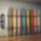 Stylish surfboard rack wall showcasing various surfboard designs