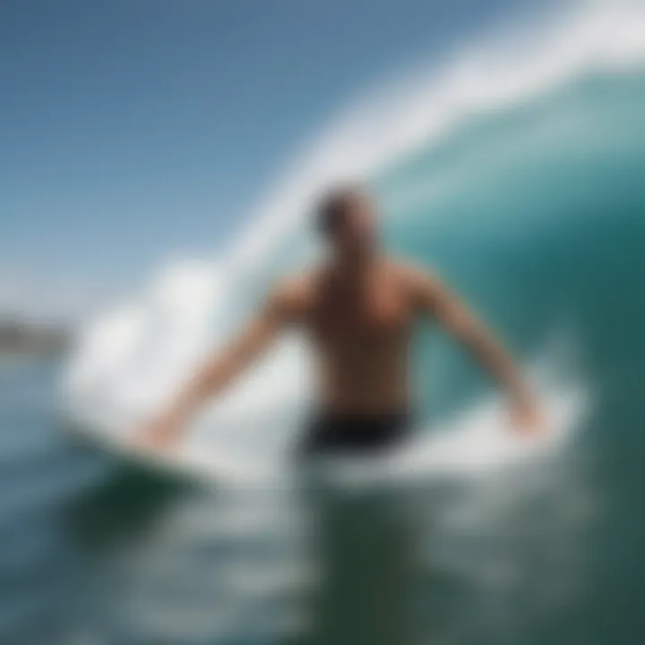 A surfer emerging from a wave, demonstrating breath control