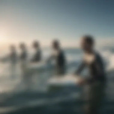Collective Training: Surfers Strengthening Breath Techniques Group of surfers engaged in breath training exercises