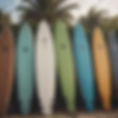 Close-up of surfboards lined up against a backdrop of Cocoa Beach