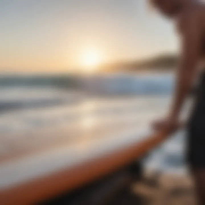 Surfboard enthusiast examining deck features and specifications