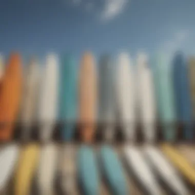 Diverse selection of complete surfboard decks lined up for view