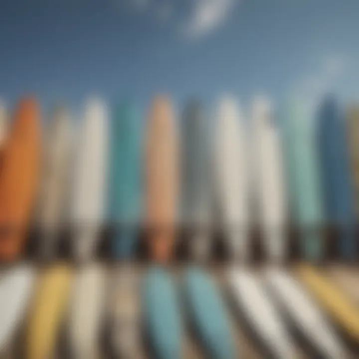 Diverse selection of complete surfboard decks lined up for view