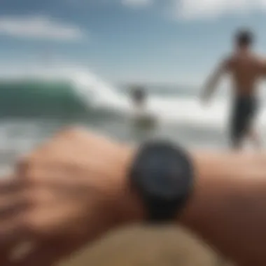 Garmin smartwatch displaying surfing metrics