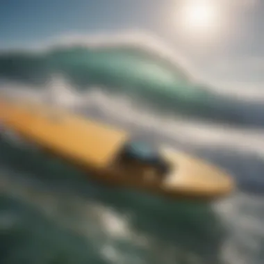 Surfboard on ocean waves with Garmin smartwatch in focus