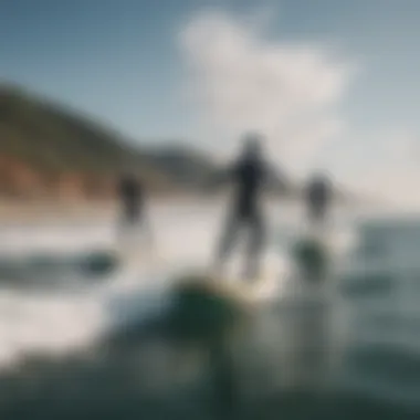 Group of surfers testing jet surfboards in a coastal setting