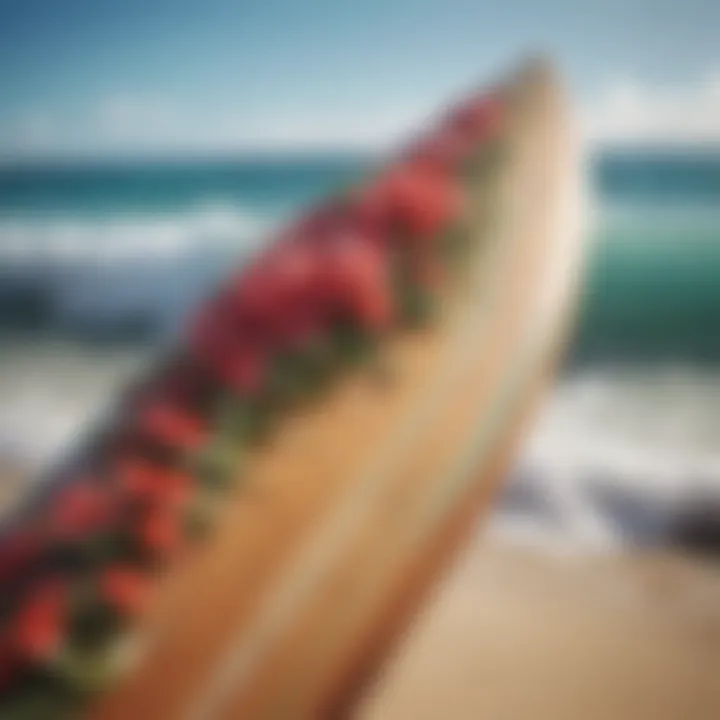 Surfboard decorated with Hawaiian flower garland by the beach