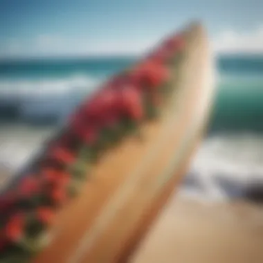 Surfboard Adorned with Garlands Surfboard decorated with Hawaiian flower garland by the beach