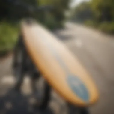 A longboard surfboard elegantly positioned on a bike rack