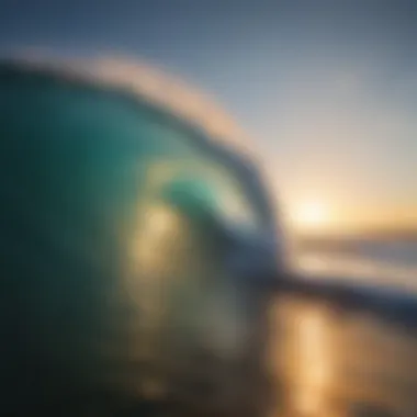 The Perfect Wave: A Meteorological Perspective A stunning ocean wave illuminated by the setting sun, showcasing the ideal surfing conditions.