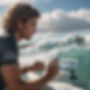 A surfer analyzing weather data on a digital device while gazing at the ocean.