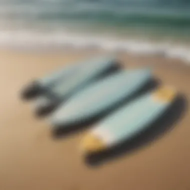 Motorized Surfboards Ready for Adventure A serene beach scene with motorized surfboards lined up