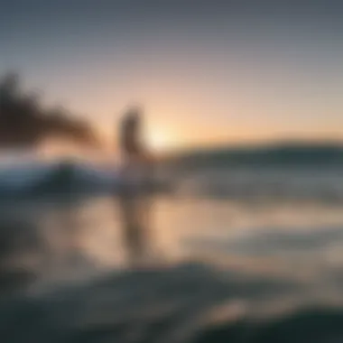 Sunset Surfing with Motorized Boards A scenic shot of surfers using motorized surfboards at sunset