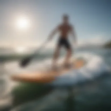 Engine-Equipped Paddleboard in Action Innovative paddleboard with an engine in action on the water