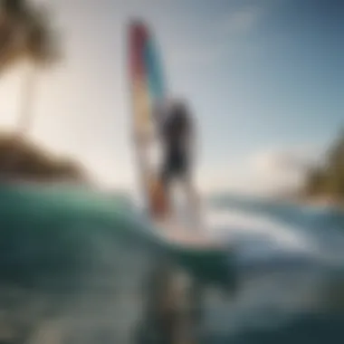 An enthusiast practicing windsurfing techniques on a SUP board in a picturesque location.