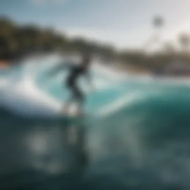 Close-up of a surfer riding a wave in a wave pool.