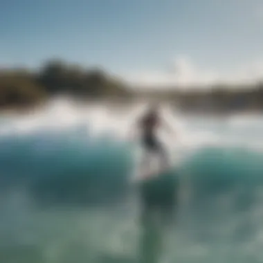 Group of surfers enjoying a surf wave pool experience together.