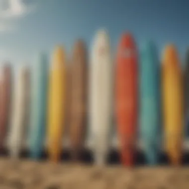 An array of surfboards displayed artistically, reflecting diverse designs and colors.