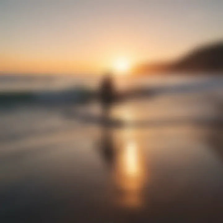 Surfers paddling out into the ocean at sunset