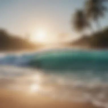 A serene beach with surfers paddling out