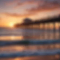 A stunning sunset view over Surfside Pier showcasing vibrant colors reflecting on the water.