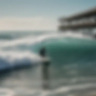 Surfers enjoying the waves at Surfside Pier with a picturesque ocean backdrop.