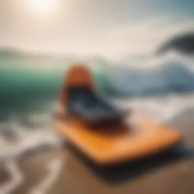 Close-up of bodyboard and fins on the beach